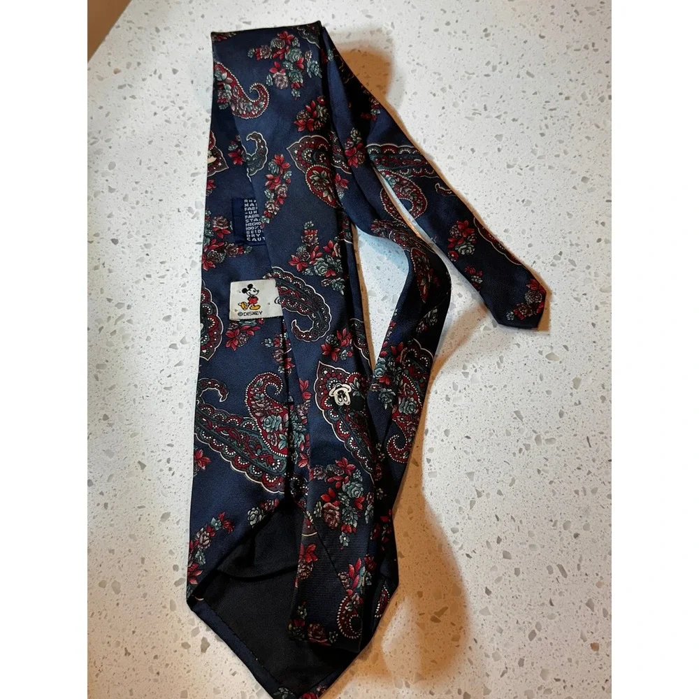 Vintage Walt Disney Mickey Mouse Paisley Silk Tie Navy Blue Floral Made in USA
